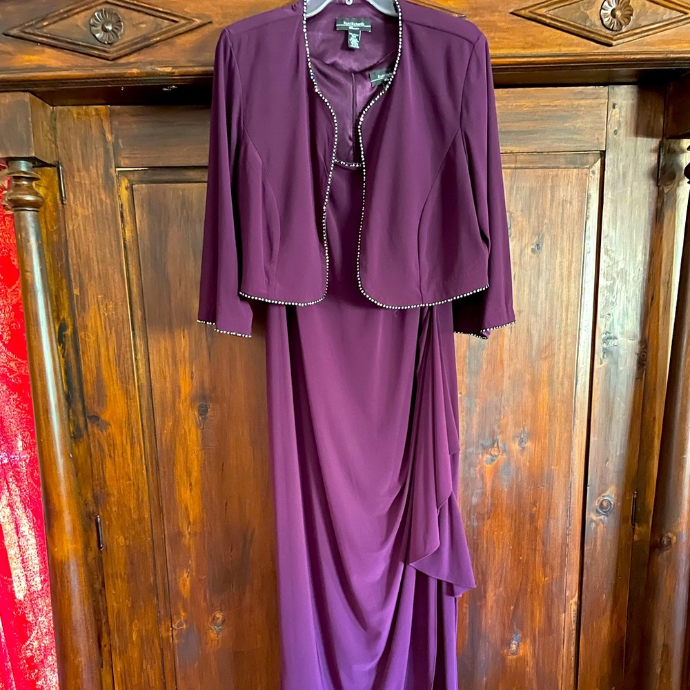 Floor-length, deep purple dress with rhinestone details